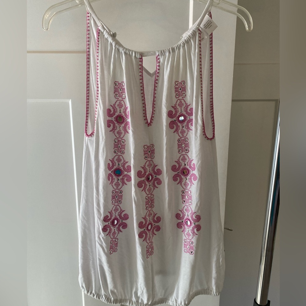 Unique Sleeveless Top. White with Hot Pink Accent Stitching and mirrors. Size M
